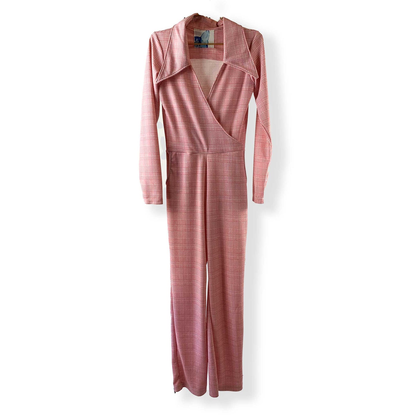 SAMPLE Big Collar, Plunge Neckline 70s Pink Long Sleeve Jumpsuit - Glen Plaid-Jumpsuits & Rompers-S/M-Thrum State