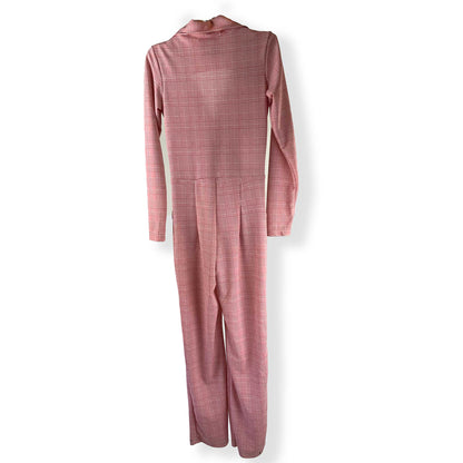 SAMPLE Big Collar, Plunge Neckline 70s Pink Long Sleeve Jumpsuit - Glen Plaid-Jumpsuits & Rompers-S/M-Thrum State