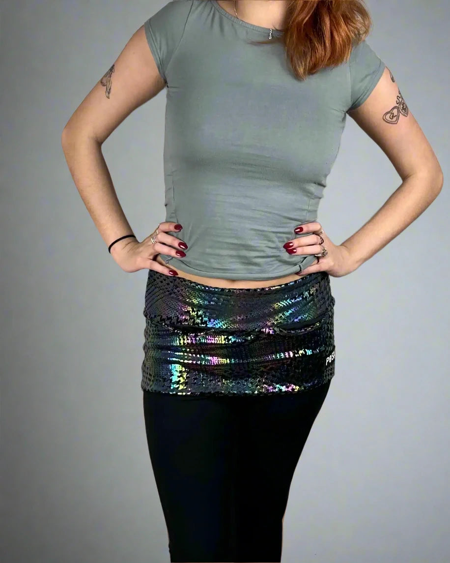 P05K™ | Prism Vortex Rave Holographic Waist Pockets Skirt-Waist Pockets-Thrum State