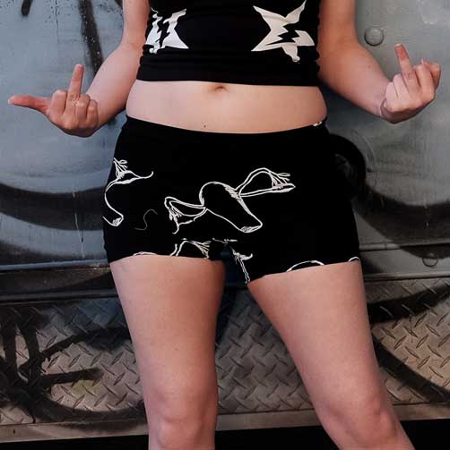 Black Booty Shorts With Hand Pressed Flying Ovaries-Shorts-Thrum State